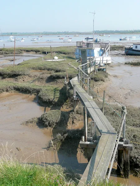 Precarious boardwalk to a boat at Felixstowe Ferry