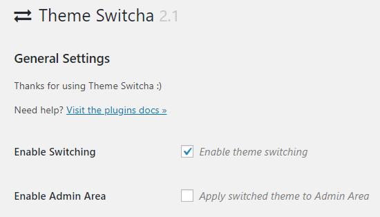 Página de configurações do plugin Theme Switcha
