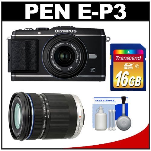 Olympus PEN E-P3 Micro 4/3 Digital Camera  &  14-42mm II Lens (Black) with M.Zuiko 40-150mm ED Zoom Lens + 16GB Card + Cleaning Kit (Refurbished by Olympus)