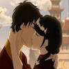 Mai and Zuko kissing, a tower visible behind them