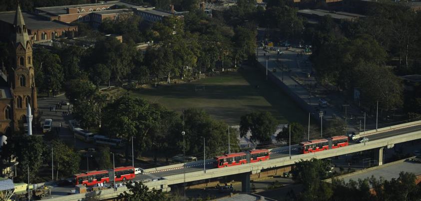 Buses are moving on the 8.3Km long overhead bridge infront of GC University