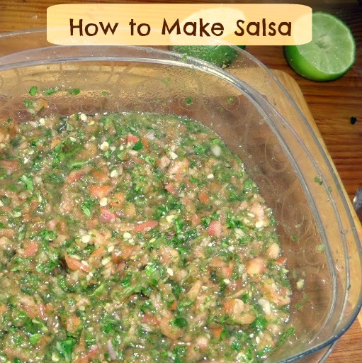How to Make Salsa:  A tutorial on how to make a quick salsa with tomatoes, onion, cilantro, jalapenos and lime juice chopped fine in a food processor.