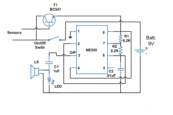 555 Timer IC Water Sensor Circuit