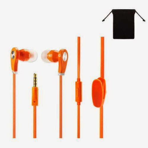  Premium Stereo Handsfree Headset Earbuds Earphones with mic for Amazon Kindle Fire HD ( Orange ) w/ Anti-Tangle Flat Wire + Carry Bag