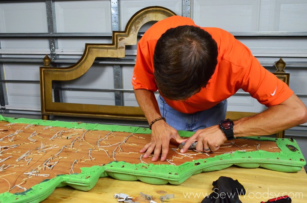{Video} How to Tuft & Upholster an Ornate Headboard from SewWoodsy.com created for Homes.com #DIY #Video #Upholstery 