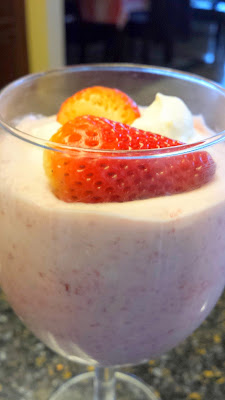 April Fool's treat with no trick, a Strawberry Fool Recipe- blended strawberries with the cut strawberries and the fresh whipped vanilla cream (Grand Marnier optional)