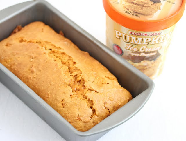 overhead photo of Pumpkin Ice Cream Bread in a loaf pan