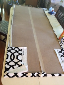 Covering a bookcase backing with black and white patterned fabric