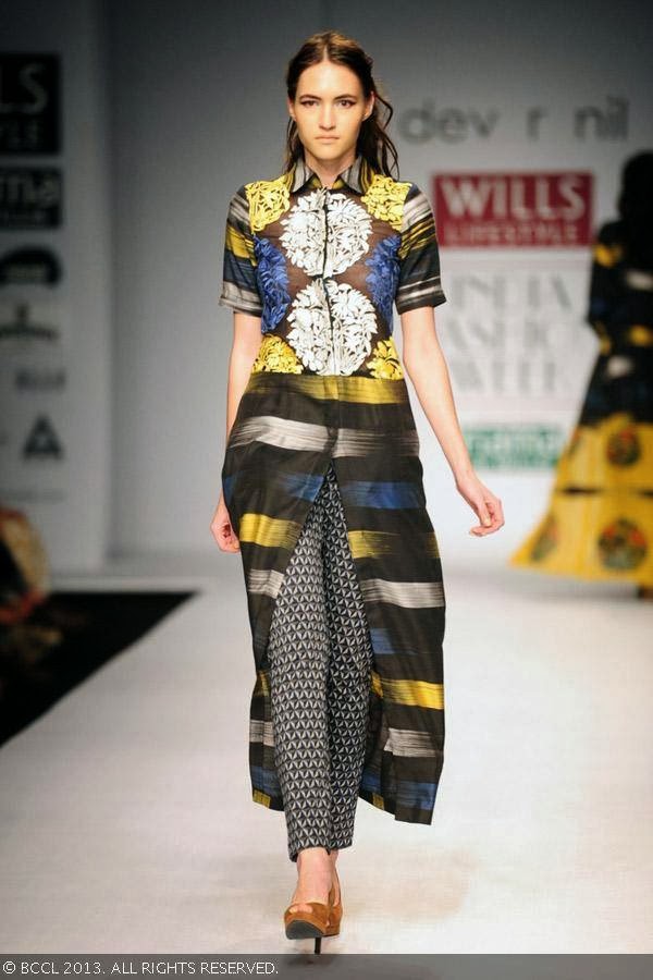 Katya flaunts a creation by fashion designers Dev r Nil on Day 3 of Wills Lifestyle India Fashion Week (WIFW) Spring/Summer 2014, held in Delhi.
