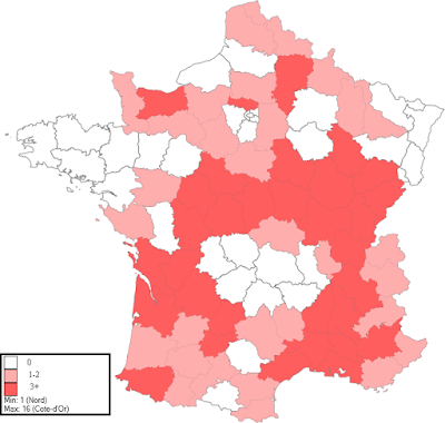 Carte du nombre de carrières de pierre calcaire par département français dans l'Essai de nomenclature