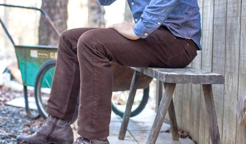 Brown Moleskin Pants: Sitting in blue Shirt