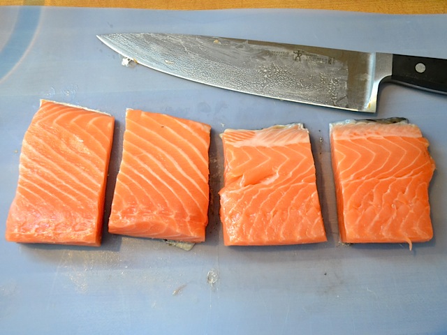 salmon filet cut into four pieces 