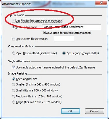 winzip courier settings to disable auto file zip in outlook