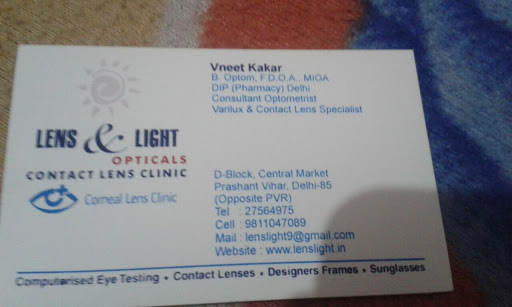 Lens & Light Opticals, D-Block, Central Market, Opposite PVR, Prashant Vihar, Delhi, 110085, India, Contact_Lenses_Supplier, state UP