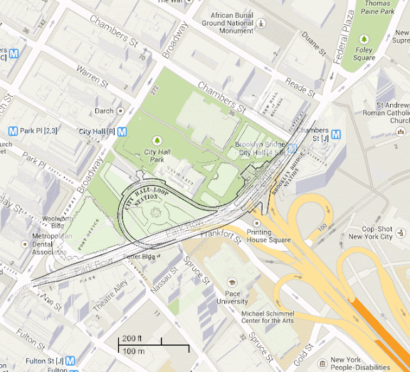 Original City Hall subway Station diagram superimposed on a current map of City Hall Park, New York City