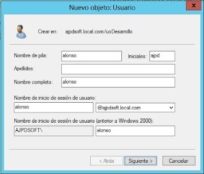 Aadir unidad organizativa y usuario en Active Directory en servidor con Windows Server 2012