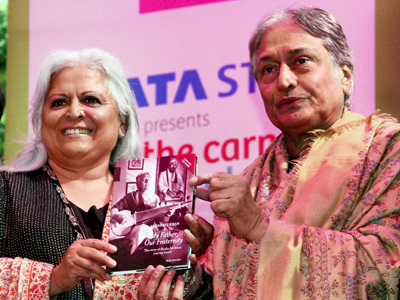 Rajasthan Tourism Minister Beena Kak and Ustad Amjad Ali Khan with his book 'My Father, Our Fraternity' at Jaipur Literature Festival.