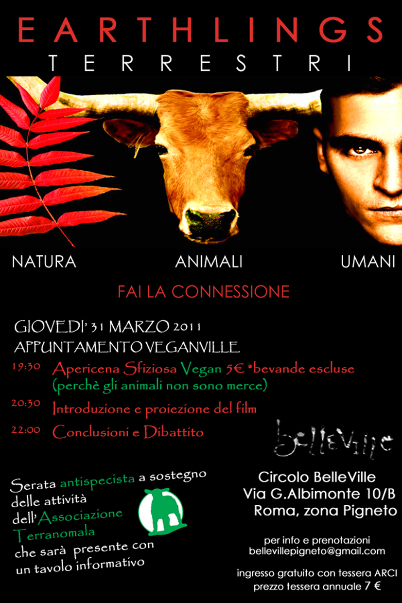 Roma Giovedì 31 marzo Apericena Vegan e proiezione Earthlings a sostegno di TerrAnomala
