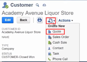 Clicking the create new quote button from a customer record. 
