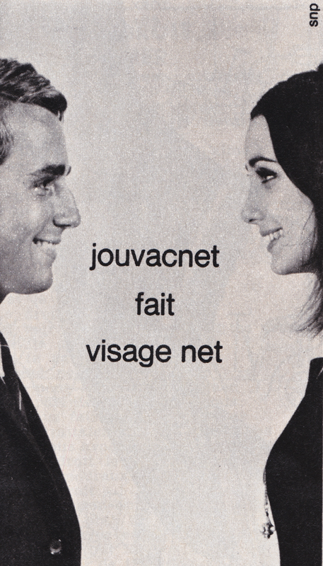 Publicité vintage : Jouvacnet fait visage net. - Pour vous Madame, pour vous Monsieur, des publicités, illustrations et rédactionnels choisis avec amour dans des publications des années 50, 60 et 70. Popcards Factory vous offre des divertissements de qualité. Vous pouvez également nous retrouver sur www.popcards.fr et www.filmfix.fr