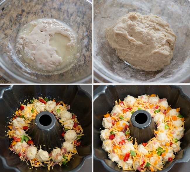 photo collage showing how to make the dough and arrange it in the baking pan