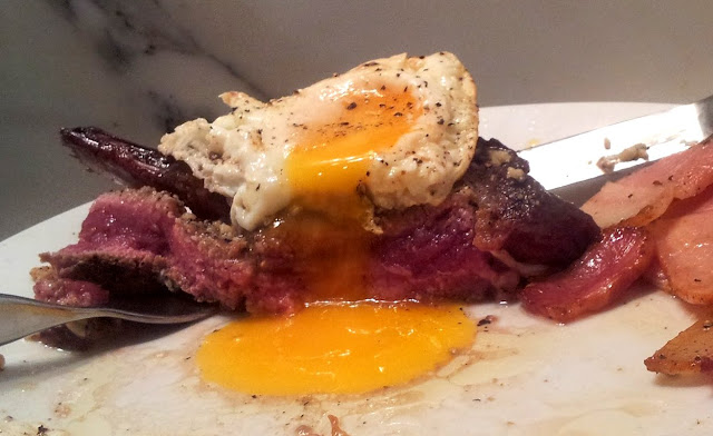 ribeye steak, bacon and eggs
