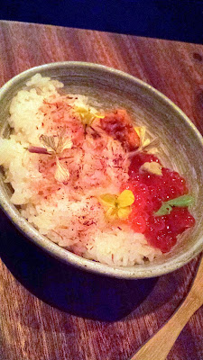 Nodoguro Pop-up Course 7: Sasanishiki rice with soy cured salmon roe, wasabi with greens