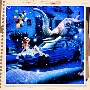 Blue Car, Girl and Elephant