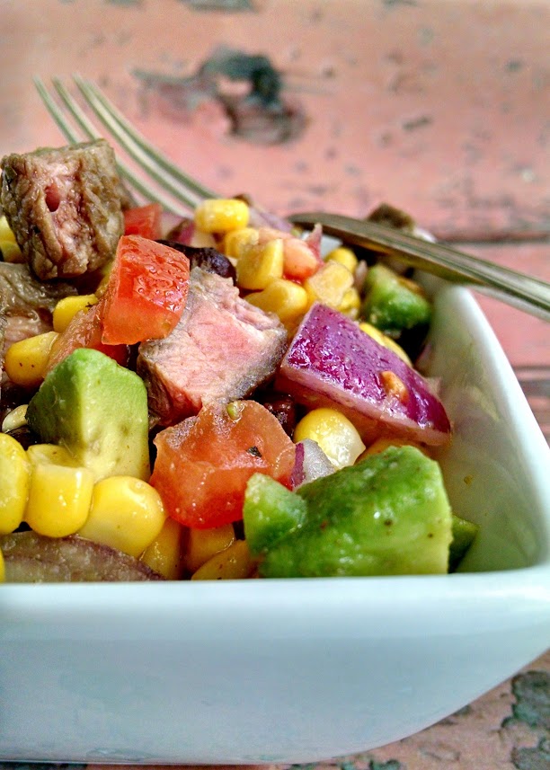 A Kitchen Hoor's Adventures | Cuban Style Steak and Corn Salad - This Cuban Style Steak and Corn Salad sounds expensive, but really isn't.