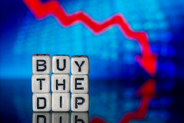 Buy The Dip Concept Dice Letters Red Arrow Down Blue Background Macro