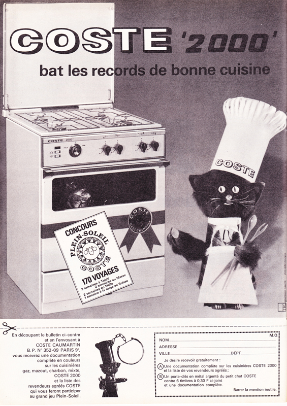 Publicité vintage : Coste 2000 bat les records de bonne cuisine. - Pour vous Madame, pour vous Monsieur, des publicités, illustrations et rédactionnels choisis avec amour dans des publications des années 50, 60 et 70. Popcards Factory vous offre des divertissements de qualité. Vous pouvez également nous retrouver sur www.popcards.fr et www.filmfix.fr