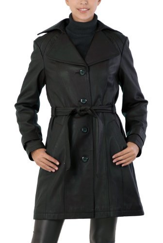 BGSD Women's Belted New Zealand Lambskin Leather Trench Coat - Black S