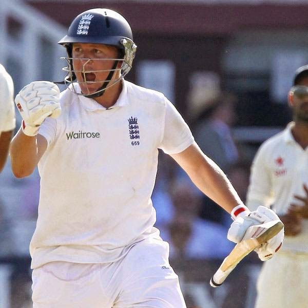 England's Gary Ballance celebrates scoring a century during the second day of the second test match between England and India at Lord's cricket ground in London, Friday, July 18, 2014. 
