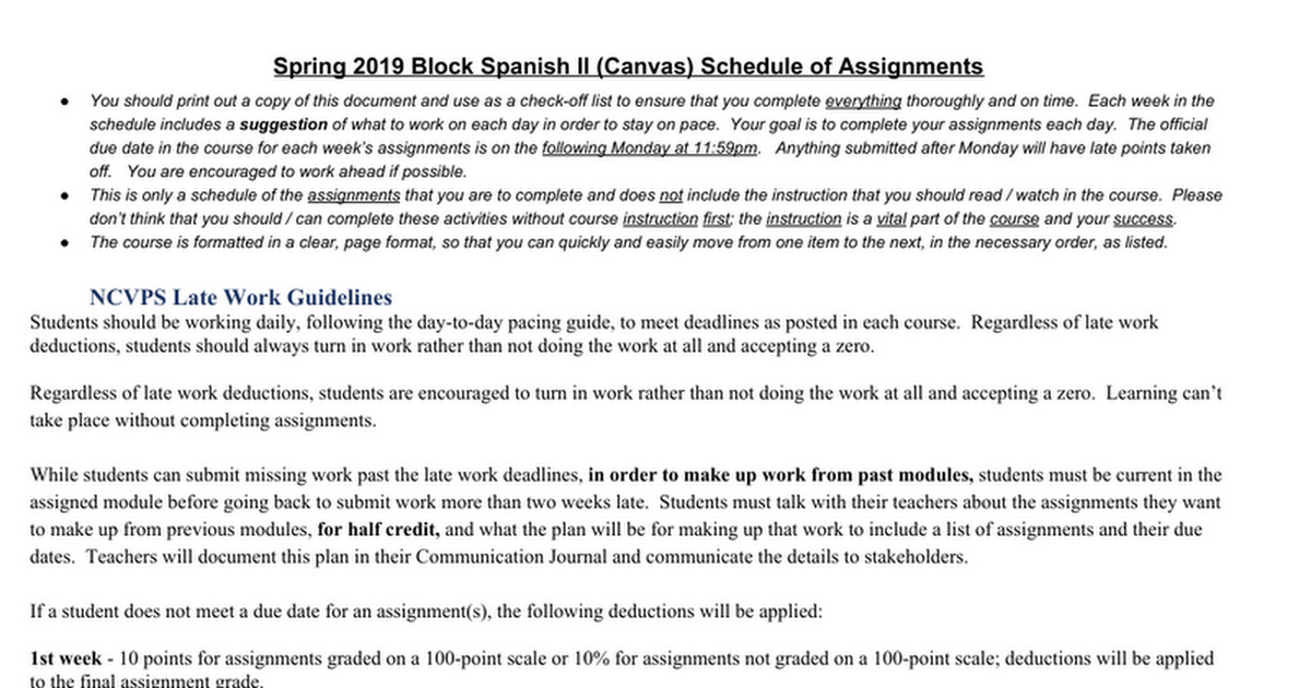 Block Spanish II Schedule of Assignments - Canvas Spring 2019