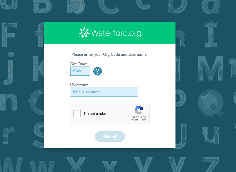screenshot of the Waterford login page