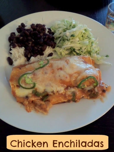 Chicken Enchiladas:  Corn tortillas rolled with chicken and cheese then smothered and baked in a chili sauce.