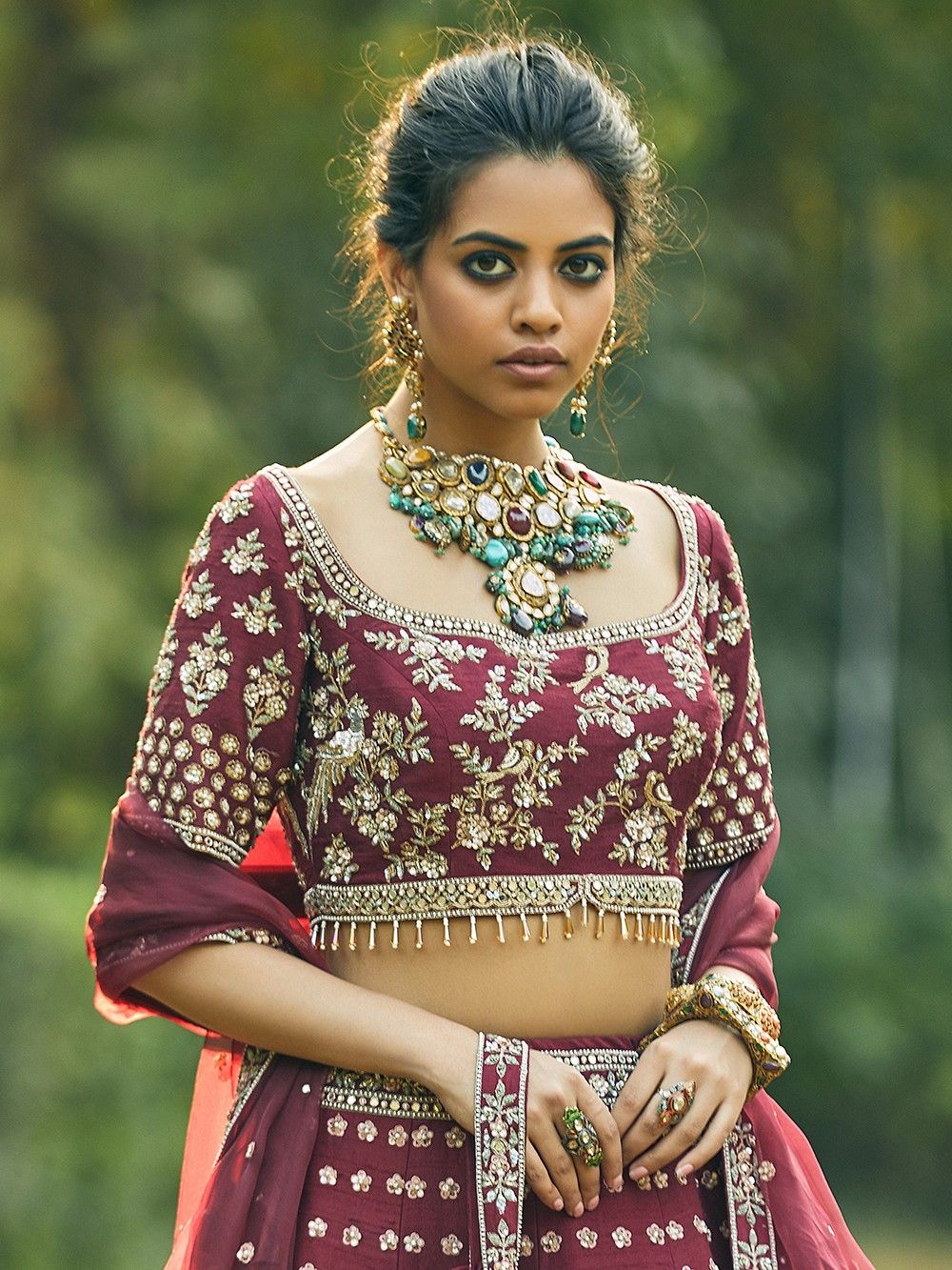 the loom - Burgundy Hand Embroidered Silk Blouse with Lehenga