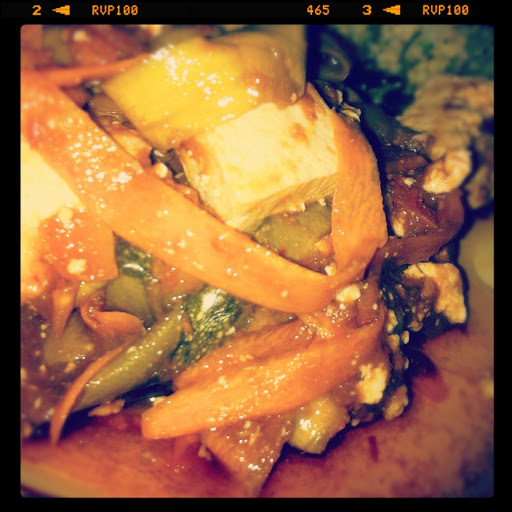 Zucchini/Carrot 'Noodles' with Tofu in a Tomato Based Spicy-Sweet-Sour Sauce