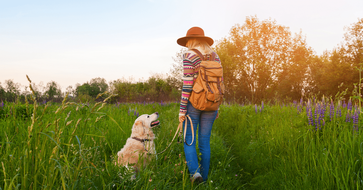 Woman walking with dog through grassy field