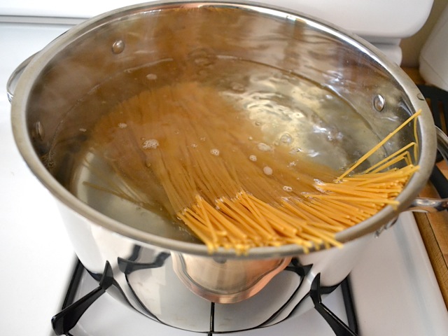 pasta in pot of salted water 