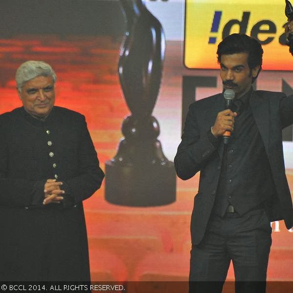 Raj Kumar speaks after receiving the Best Actor Award (Critics) at the 59th Idea Filmfare Awards 2013, held at the Yash Raj Studios in Mumbai, on January 24, 2014. Raj Kumar received the award from Javed Akhtar. 