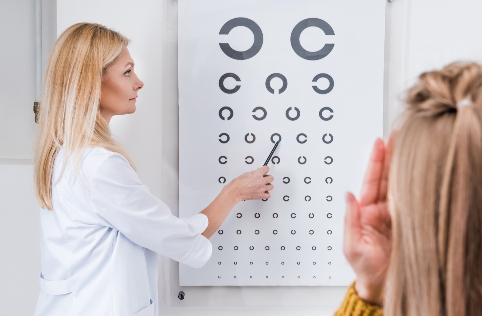 Middle aged female doctor points at an eye chart while female patient covers one eye and gazes at the chart in front of her
