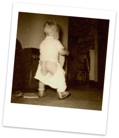 Rene Fabre, in diapers circa 1950, Renton Highlands, back flap down and solving for X.