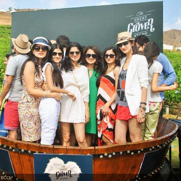 Guests Grape pose during the Great Grover Stomp, held at its winery at Sanjegaon, near Nashik.