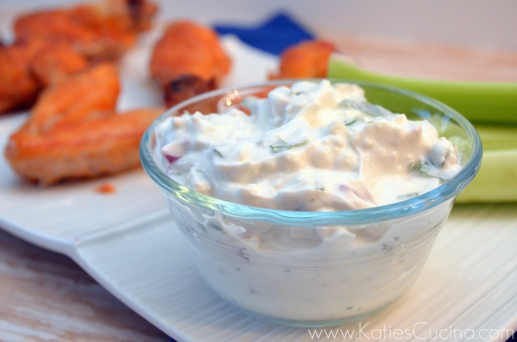 Baked Spicy Greek Yogurt Chicken Wings with Greek Yogurt Bleu Cheese Dressing 