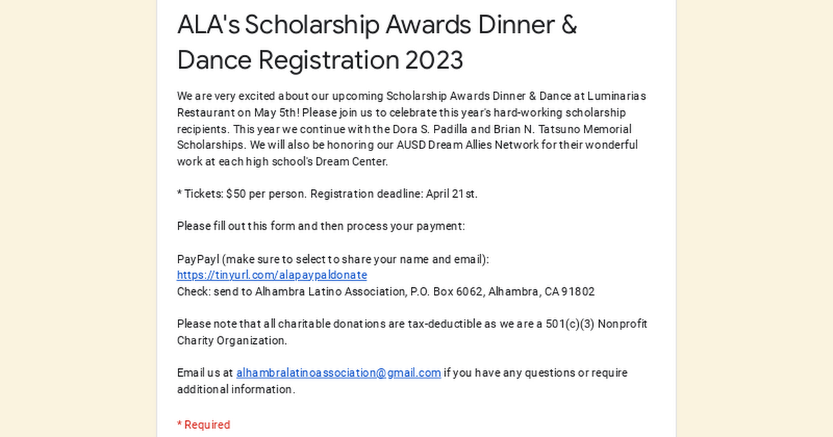 ALA's Scholarship Awards Dinner & Dance Registration 2023