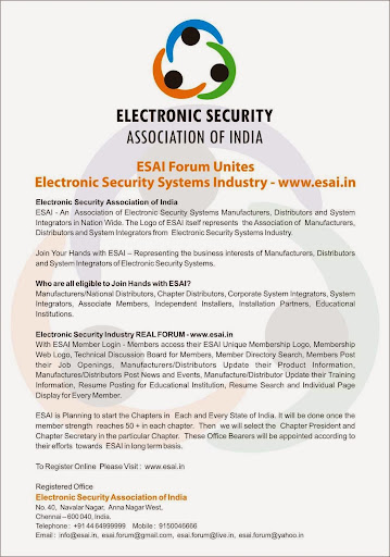 ESAI-Electronic Security Association of India, No.40, Muthumariamman Koil Street,, Navalar Nagar, Anna Nagar West, Chennai, Tamil Nadu 600040, India, Trade_Association, state TN
