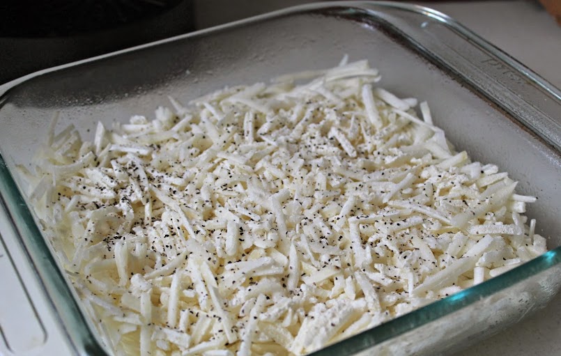 Sausage Breakfast #Casserole #Recipe: Layer Shredded Potatoes; Sprinkle with Seasonings