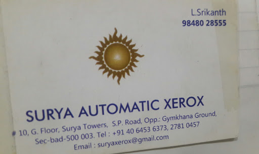 Surya Majestik Colour Xerox, Sh No 10 Gr Floor, Surya Tower, S P Road, Opposite Jinkana Ground, S P Road, Secunderabad, Telangana 500003, India, Copy_Shop, state TS