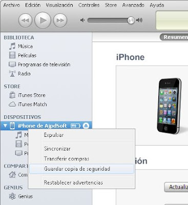 Copia de seguridad de los datos y configuraciones de un iPhone con iTunes